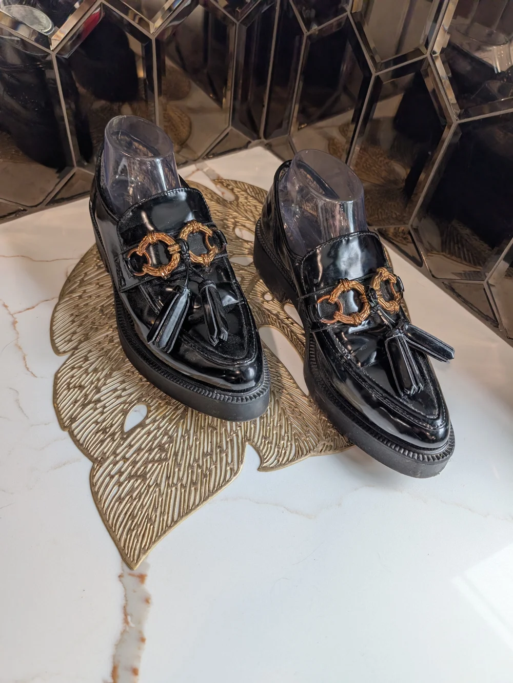 Circus NY Black Patent Tassel Loafers with Gold Accent - Women Shoes